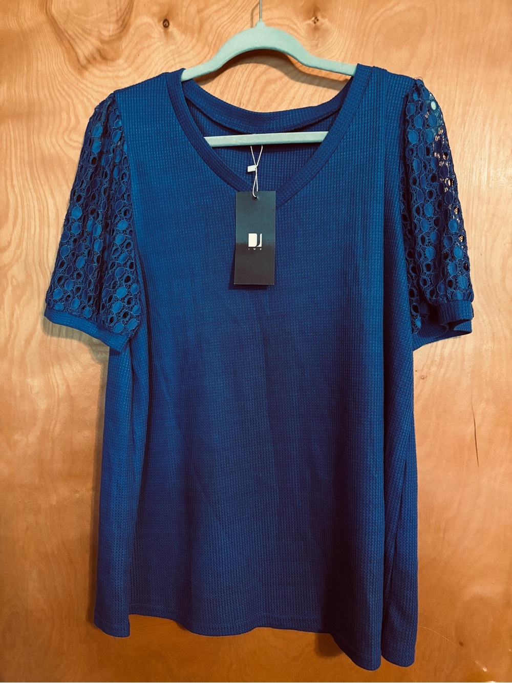 Blue Lace Sleeve V-Neck Women's Top